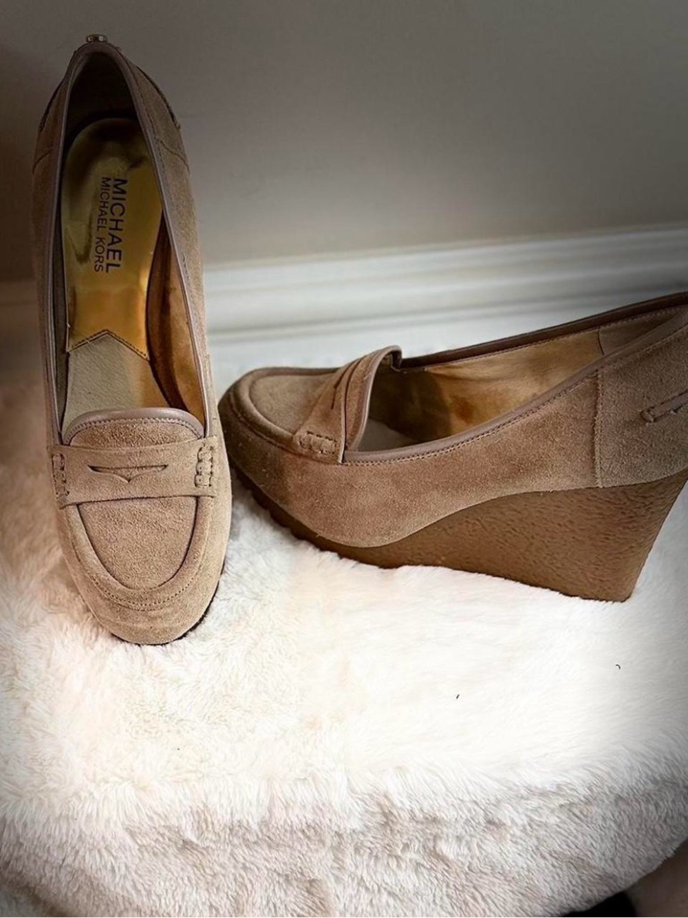 Michael Kors Taupe Suede Wedge Loafer Heels